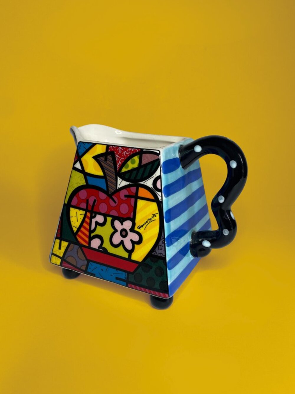 Romero Britto Signed Ceramic Pop Art Creamer Pitcher - Giftcraft Apple & Stripes